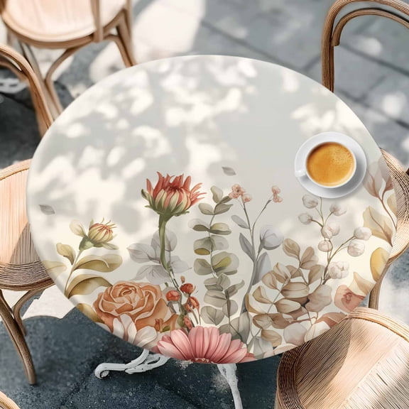 Fall Floral Eucalyptus Country Round Fitted Tablecloth with Elastic Edge,Waterproof Table Cloth Fits Tables Up to 36"-44",Wipeable Washable Table Cover for Indoor Outdoor,Autumn Wild Flower Leaves