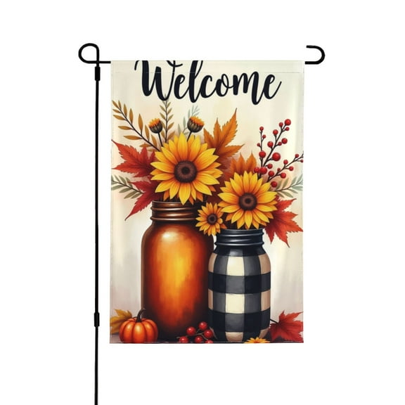 Fall Floral Garden Flag 12.5x18 Double Sided, Small Burlap Welcome Autumn Mason Jar Maple Leaves Garden Flag Fall Thanksgiving Outside Outdoor House Yard Decoration (ONLY FLAG)1 Flag