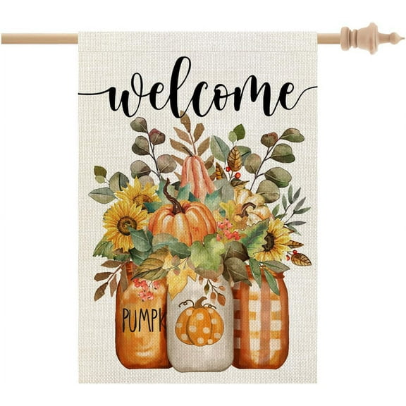 Fall Floral House Flag 28x40 Inch Double Sided Large Burlap Holiday Autumn Mason Jar Welcome Flag for Outside Yard Decoration CF1577-40