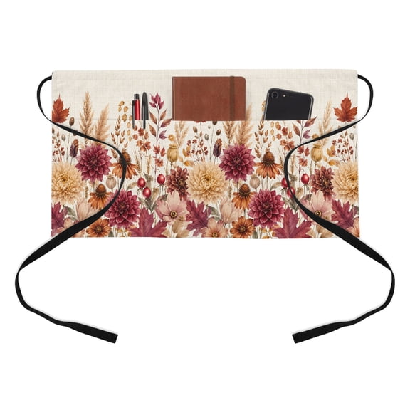 Fall Floral Kitchen Restaurant Half Waist Apron, Dark Red Flower Pinecone Maroon Mum Wheat Linen Texture Server Short Apron with 3 Pockets Waterproof Oil Waist Aprons for Women Waitress Waiter