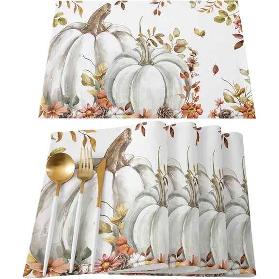 Fall Floral Leaves Placemats Set of 4, Thanksgiving Pumpkins Heat Resistant Washable Table Place Mats Boho Cotton Table Linens Party Holiday Decorations for Home Kitchen Dining Table Outdoor Indoor,