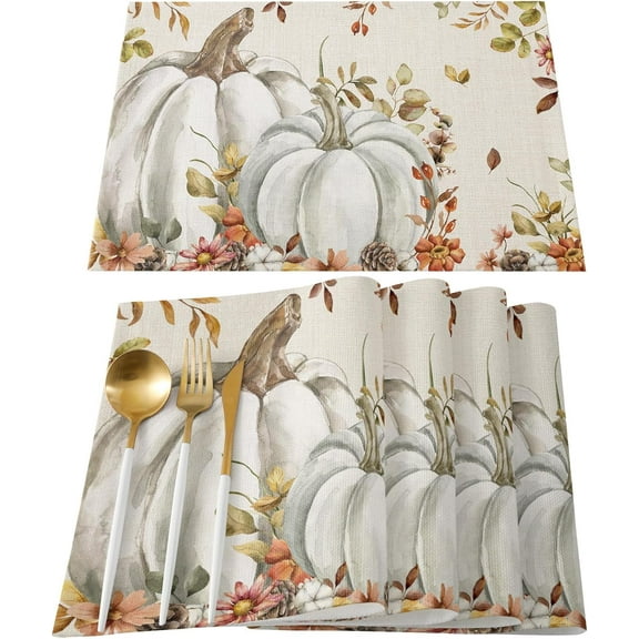 Fall Floral Leaves Placemats Set of 4, Thanksgiving Pumpkins Heat Resistant Washable Table Place Mats Boho Cotton Table Linens Party Holiday Decorations for Home Kitchen Dining Table Outdoor Indoor,