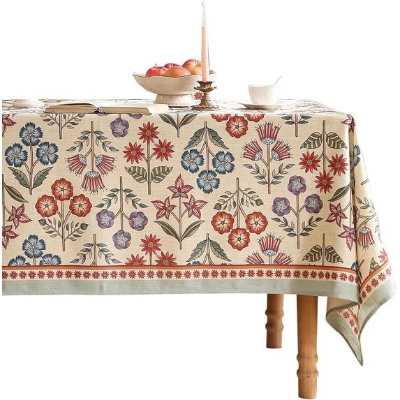 Fall Floral Linen Tablecloth for Rectangle Tables,French Rustic Table Cloth with Colorful Flowers Pattern,Farmhouse Decor for Kitchen Parties Thanksgiving Christmas New Year,55"*79"