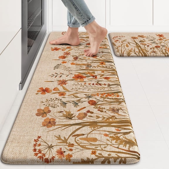 Fall Floral Orange Anti Fatigue Kitchen Mats Set of 2 Non Slip Padded Floor Mats 17 x 47 in and 17 x 29 in