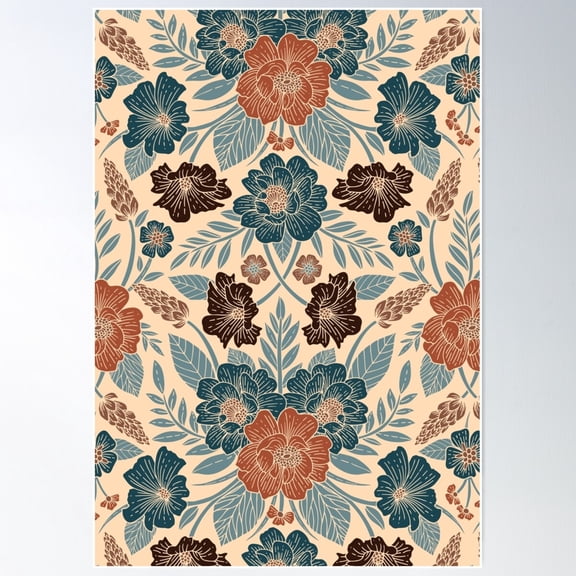 Fall Floral Pattern In Blue, Brown & Rust Poster Wall Art, Modern Wall Decor For Living Room Bedroom, 24x36 UNFRAMED