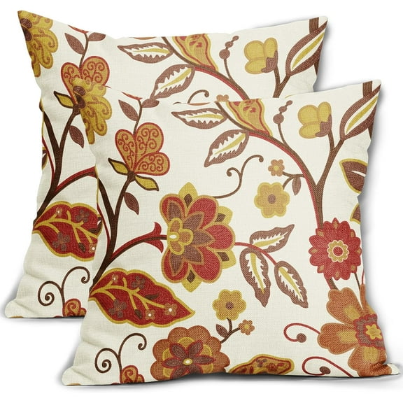 Fall Floral Pillow Covers 20x20 Set of 2 Red Yellow Burnt Orange Flower Print Throw Pillows Autumn Outdoor Decorative Pillow Case Square Linen Cushion Covers Farmhouse Decor for Home Couch Sofa Bed