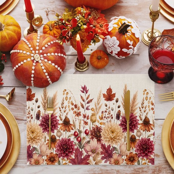 Fall Floral Placemats Set of 2, Dark Red Flower Pinecone Maroon Mum Wheat Linen Texture Non-Slip Place Mats Washable Table Mats for Kitchen Dining Table Decorations Indoor/Outdoor