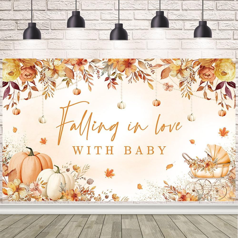 Pumpkin Baby Shower Backdrop - 5.9x3.6ft Orange White Floral 'A Little Pumpkin Is On The Way' Banner