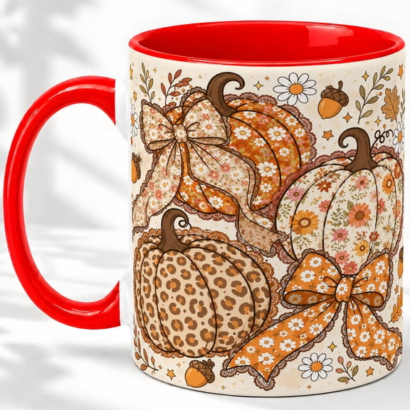 Fall Floral Pumpkin Bow Accent Mug, 11oz Ceramic Coffee Cup for Fall Decor Ceramic mug featuring floral pumpkins, lace bows, acorns, and daisies for coffee or tea