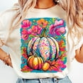 thumbnail image 1 of Fall Floral Pumpkin T-Shirt for Women, Boho Pink Autumn Vibes Graphic Tee, Preppy Brushstroke Pumpkin Season Shirt Design, 1 of 5