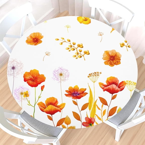 Fall Floral Round Fitted Tablecloth with Elastic Edge,Water-Resistant Spring Summer Orange Wildflower Leaf Table Cover for 40-44" Found Tables Autumn Thanksgiving Table Cloth for Dinner,Outdoor,Patio
