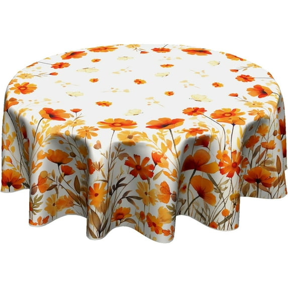 Fall Floral Round Tablecloth 60 Inch,Watercolor Orange Wildflowers Autumn Reusable Washable Polyester Table Cover Seasonal Indoor Outdoor Dining Decorations for Home Party Picnic
