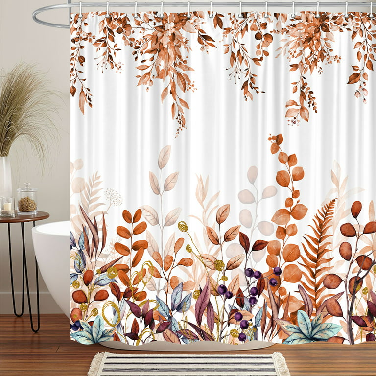 Fall Floral Shower Curtain, Cute Autumn Red and Gold Leaves Flower Harvest  Fabric Shower Curtains Set for Bathroom, White Restroom Decor Accessories