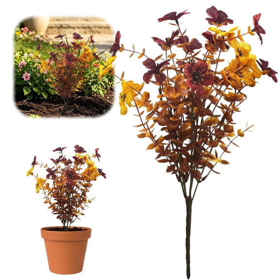 Fall Floral Stems, 16PCS Artificial Eucalyptus Branches with Orange & Yellow Petals, 13.5 in Faux Greenery for Vase Filler, Table Centerpieces & Autumn Decor