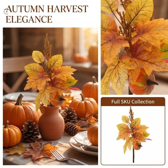 Fall Floral Stems, Fall Pumpkin Decor, Fake Fall Leaves, Thanksgiving Decorations, 2 Pack of 14X8X6 Inch Artificial Fall Foliage Stems for Table Centerpieces, Mantel Arrangements