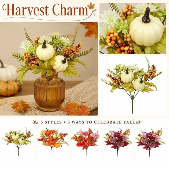 Fall Floral Stems, Featuring Faux Cream Pumpkins and Vibrant Maple Leaves, for Warm Fall Decorations for Home and Autumn Table Centerpieces, 4 Pack Fake Fall Flowers, 12 X 9 Inch,