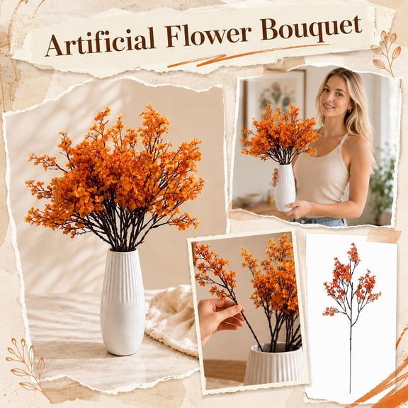 Fall Floral Stems, Orange Star Blossom Branches, Seasonal Home Decor for Indoor Use, Silk Flowers for Home Decor Indoor, 19 Inch, 6 Piece, for Fall Mantel Decor and Wedding Table