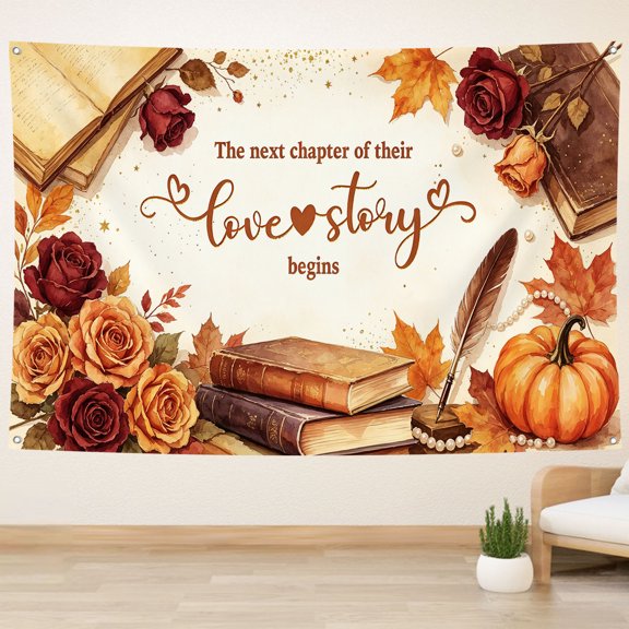 Fall Floral Wedding Backdrop The Next Chapter of Their Love Story Begins Background Autumn Pumpkin Maple Leaves Book Rose Engagement Party Decorations Banner Photo Studio Props