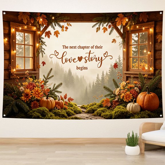 Fall Floral Wedding Backdrop The Next Chapter of Their Love Story Begins Background Autumn Pumpkin Maple Leaves Rustic Barn Engagement Party Decorations Banner Photo Studio Props