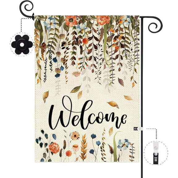 Fall Floral Welcome Garden Flag Small Vertical Double Sided, Autumn Leaves 12.5 x 18 Inch Burlap Flag for Autumn Thanksgiving Halloween Farmhouse Holiday Yard Outdoor Outside Decoration