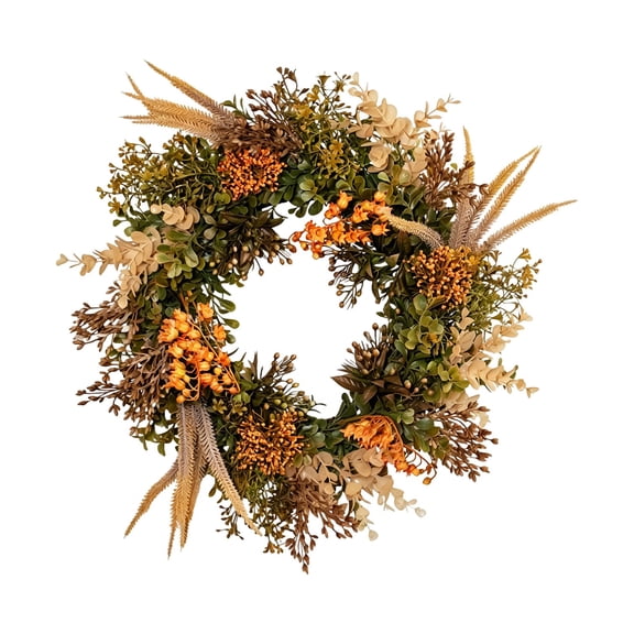 Fall Floral Wreath, 17.7" Neutral Dried Floral Wreath, Autumn Farmhouse Wall Wreath, Rustic Foliage Wreath, Artificial Wreath for Front Door Decoration, Harvest Thanksgiving Home Decor
