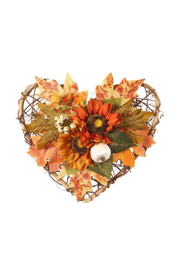Fall Floral Wreath for Front Door, Artificial Sunflower Chrysanthemum Wall Door Hanging Wreath, Wooden Pentagram Heart Shape Pendant for Home Door Party Thanksgiving Decoration