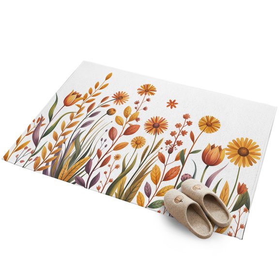 Fall Flower 2'x3' Small Rugs for Entryway Front Door Kitchen Sink Area, Yellow Brown Flowers Vintage Watercolor Floral Leaf Soft Sturdy Mats Washable Non Slip Rectangle Area Rug