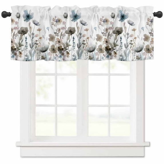 Fall Flower Curtain Valance for Windows/Kitchen/Living Room/Bedroom, Watercolor Floral Herb Blue Brown Rod Pocket Window Treatment Short Drape Topper Small Tier Cafe Curtains Panel 54X18
