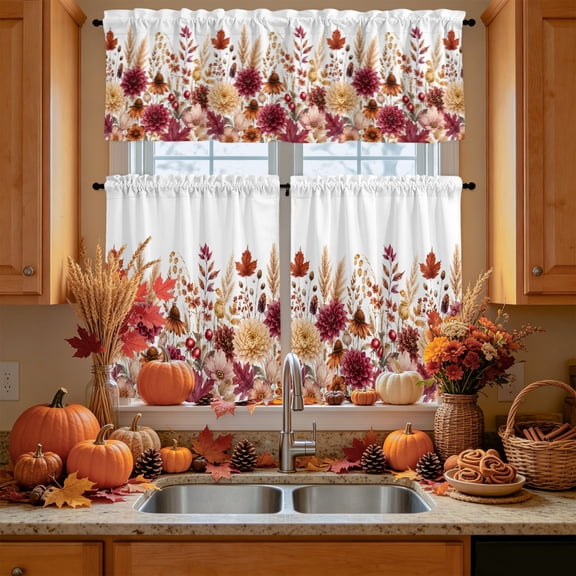 Pink Flower Blue Leaf Curtain Tier and Valance Set 3 Piece,Boho ...