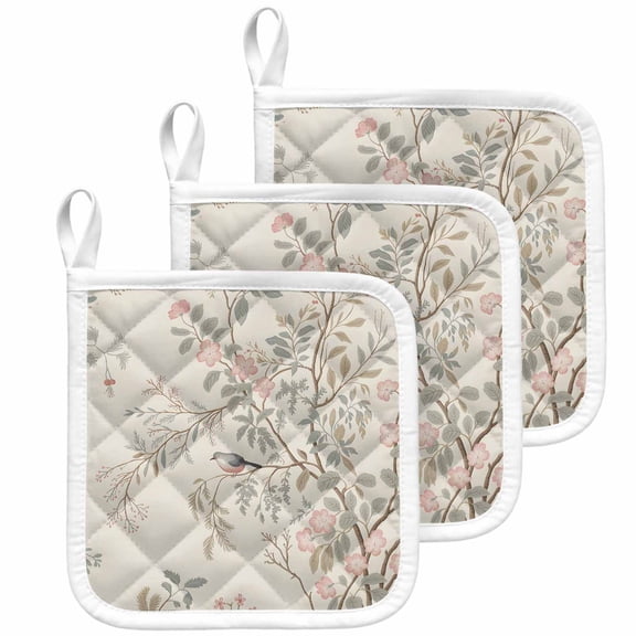 Fall Flower Pot Holders for Kitchen Heatproof Potholder, 3 Pack Vintage Autumn Bird Floral Tree Leaf Plant Hot Pads Multipurpose Oven Pads Cloth Potholders Trivet for Cooking Baking