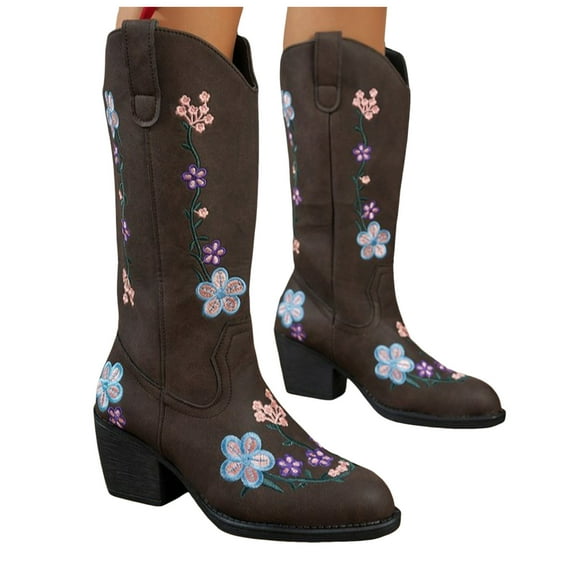 Fall Flower Wide Calf Cowboy Boots for Women 2025 Winter Vintage Floral Embroidered Mid Heel Cowgirl Dress Booties