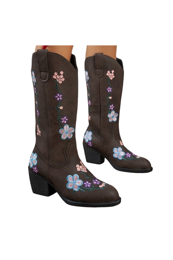 Fall Flower Wide Calf Cowboy Boots for Women 2025 Winter Vintage Floral Embroidered Mid Heel Cowgirl Dress Booties