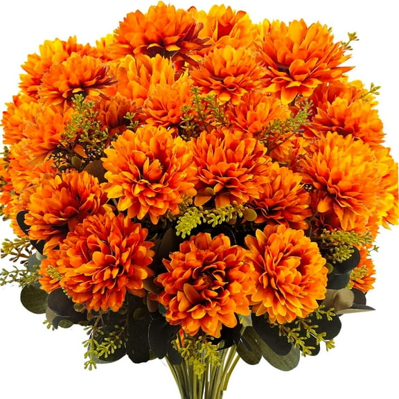 Fall Flowers Artificial for Decoration, 18 Heads Fake Mums Fall Floral Arrangement Silk Chrysanthemums Bouquet for Outdoor Home Indoor Table Pots Vase Cemetery Decoration