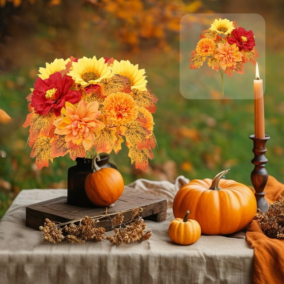 Fall Flowers Artificial Sunflowers Maple Leaves for Decorations Outdoors Faux Mums with Fall Hydrangea Flower Arrangements Bush for Home Decoration Cemetery Grave Autumn Thanksgiving Halloween