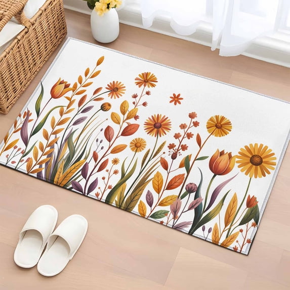 Fall Flowers Bathroom Rug Washable 2x3 Entryway Rug Non Slip Farmhouse Watercolor Orange Floral Herbs Front Door Mat Low Pile Indoor Doormat Throw Floor Carpet for Kitchen Bedroom Entrance