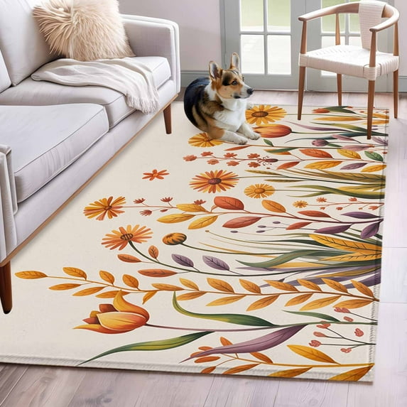 Fall Flowers Kitchen Runner Rug 2.7x5 Washable Runners for Hallway Non Slip Country Watercolor Floral Herbs Plants Large Area Rug Indoor Floor Carpet for Bathroom Laundry Entryway Bedroom Living Room