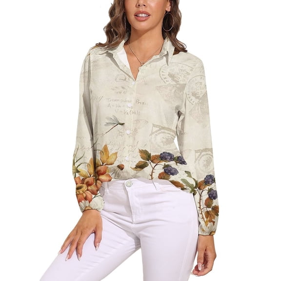 Fall Flowers Leaves Butterfly Dragonfly Oil Painting Long Sleeve Blouse Woman Streetwear Casual Shirts Summer Oversize Woman Streetwear Clothing Birthday Present