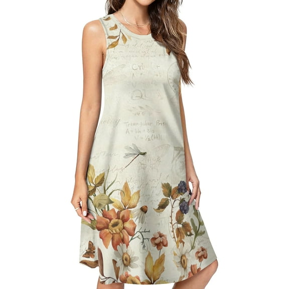 Fall Flowers Leaves Butterfly Dragonfly Oil Painting Spring Summer Dresses for Women Fashion T-shirt Dress Casual Sleeveless Loose Sundress with Pockets