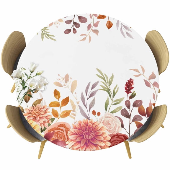 Fall Flowers Round Tablecloth, Fitted Table Cover with Elastic for 36"-44" Round Tables, Country Autumn Leaves Thanksgiving Plant Table Cloth Outdoor Indoor Dinning Party Waterproof Tablecloths