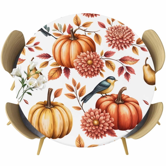 Fall Flowers Rustic Round Tablecloth, Fitted Table Cover with Elastic for 36"-44" Round Tables, Thanksgiving Pumpkins Autumn Leaves Birds Table Cloth Outdoor Dinning Party Waterproof Tablecloths