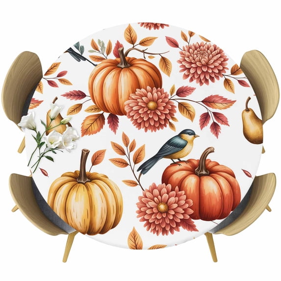 Fall Flowers Rustic Round Tablecloth, Fitted Table Cover with Elastic for 55"-60" Round Tables, Thanksgiving Pumpkins Autumn Leaves Birds Table Cloth Outdoor Dinning Party Waterproof Tablecloths