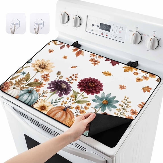 Fall Flowers Stove Top Cover, Harvest Floral Pastel Pumpkin Maple Leaf ...