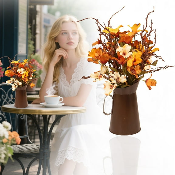 Fall Flowers with Vase,Fall Artificial Flower with Metal Pot Vase,Autumn Fake Bouquet Fall Vase Floral Arrangement Farmhouse Faux Potted Flowers Decoration for Home Festival Wedding Party Decor