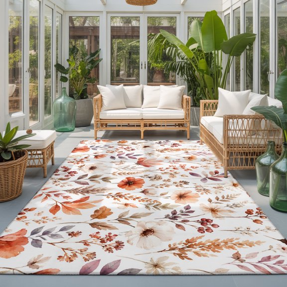 Fall Flowers Washable Area Rugs 3'x5', Country Watercolor Pastoral Harvest Red Floral Leaves Washable Throw Living Room Rug Non-Slip Sturdy Edge Binding Carpet for Indoor Entryway Bedside Kitchen
