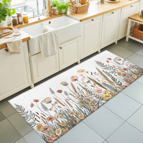 Fall Flowers Washable Runner Rugs 2'x6', Chrysanthemum Fern Reeds Washable Runner Rug Non-Slip Sturdy Edge Binding Carpet for Bedside Hallway Runner Kitchen Galley