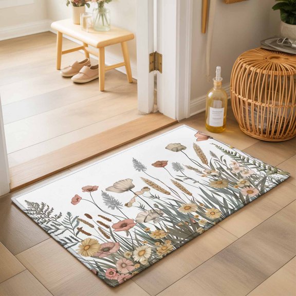 Fall Flowers Washable Small Entryway Area Rugs 2'x3', Chrysanthemum Fern Reeds Washable Throw Rug Non-Slip Sturdy Edge Binding Carpet for Front Door Floor Room Entry