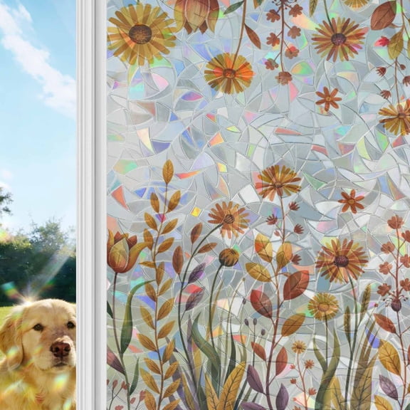 Fall Flowers Window Privacy Film Stain Glass,Reusable Decorative Rainbow Window Film,Country Watercolor Floral Herbs Plants Static Cling Sun Blocking Stickers Decals Covers 17.7" x 39.3" (2pcs)
