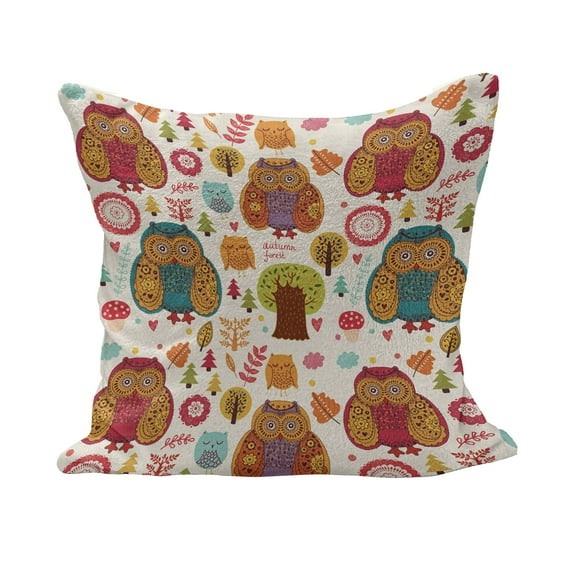 Fall Fluffy Throw Pillow Cushion Cover, Vintage Ornate Large Eyed Nocturnal Animal Owls on The Background Print, Decorative Square Accent Pillow Case, 36" x 36", Multicolor, by Ambesonne