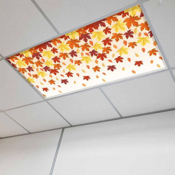 Fall Fluorescent Light Covers, Gold Red Maple Leaf Thanksgiving Autumn Farmhouse Magnetic Light Covers for Ceiling Lights, Fluorescent Ceiling Shade Filters for Classroom Bedroom Office 4x2Ft x 1PCS