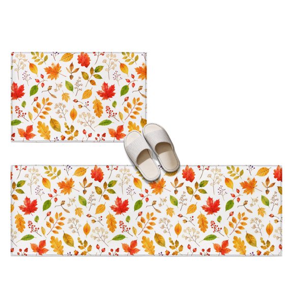 Fall Foliage 2 Pieces Non-Slip Kitchen Mat Set, Rustic Cottagecore Terracotta Yellow Maple Oak Leaves Soft Door Mat with Rubber Backing, Dirtproof Rugs for Entrance Doorway, 23.6x35.4in+23.6x70.9in